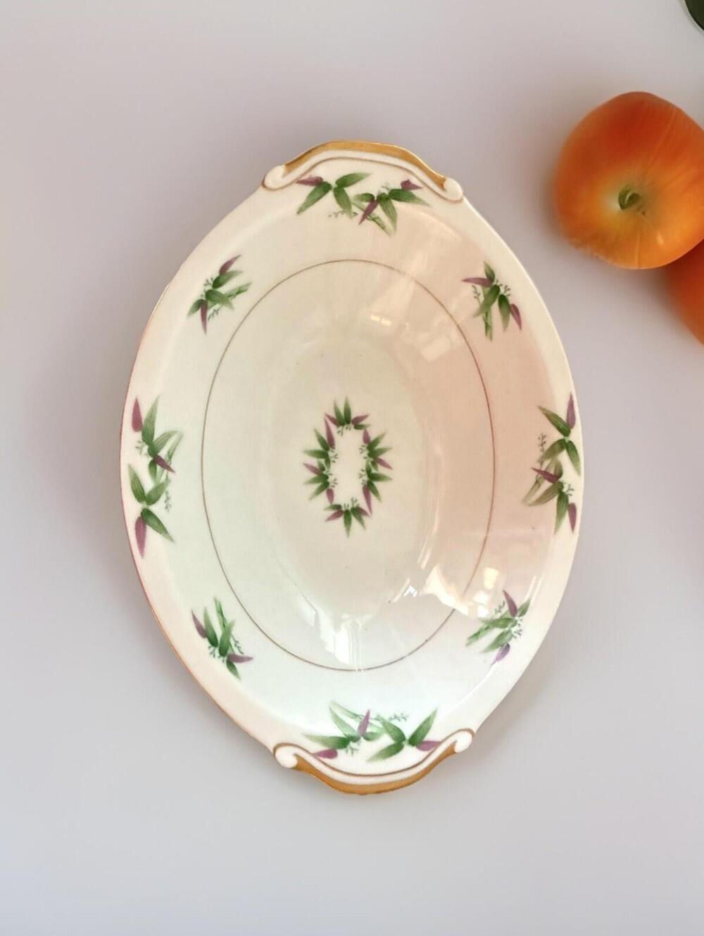 Harmony House MANDARIN 10" Oval Serving Bowl Pink & Green Leaves Gold Trim